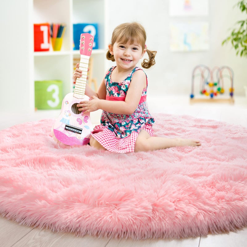 junovo Pink Round Rug 4x4 Feet Fluffy Soft Area Rugs for Kids Girls Room Princess Castle Plush Shaggy Carpet Cute Circle Nursery Rug for Girls Bedroom Baby Home Decor Circular Carpet - Image 4